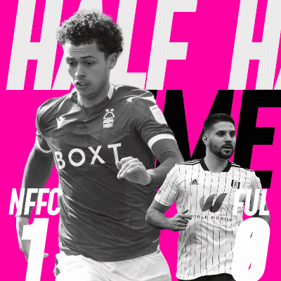 a black and white photo of two soccer players on a pink background with the words half time