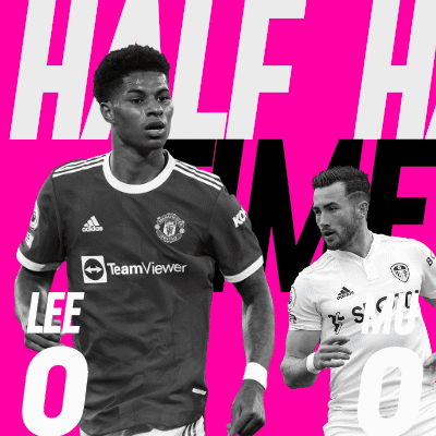 A Black And White Photo Of Two Soccer Players With The Words Half Time On The Top GIF