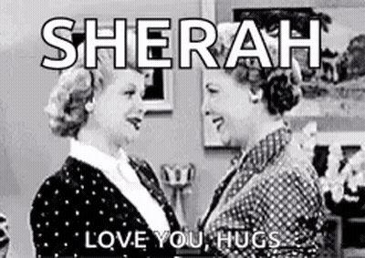 A Black And White Photo Of Two Women Hugging Each Other With The Words `` Sherah Love You Hugs '' . GIF