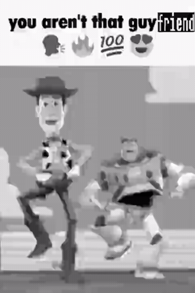 A Black And White Photo Of Woody And Buzz Lightyear Dancing GIF