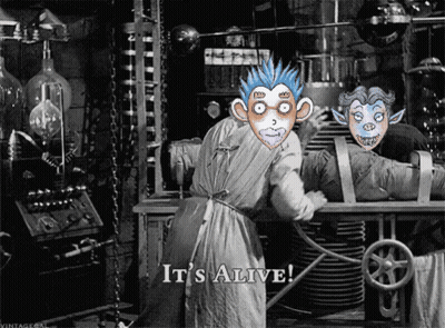 A Black And White Photo With A Caption That Says It 'S Alive On It GIF