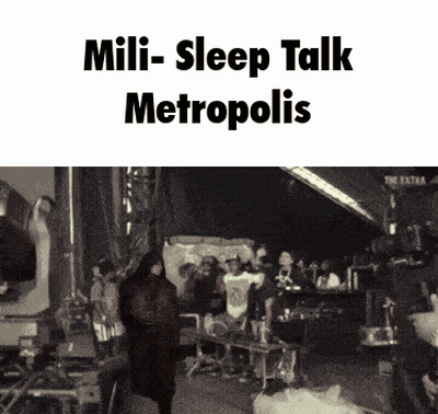 A Black And White Photo With The Words Mili Sleep Talk Metropolis GIF