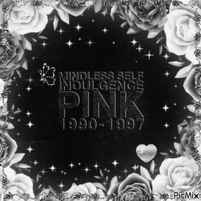A Black And White Photo With The Words Mindless Self Indulgence Pink 1990-1997 Surrounded By Roses GIF