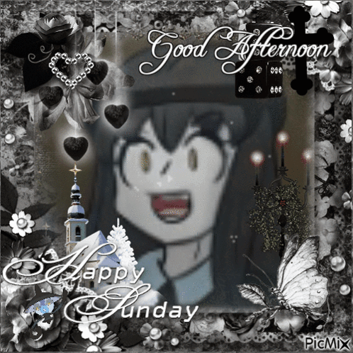 A Black And White Picture Of A Girl With The Words Good Afternoon Happy Sunday GIF