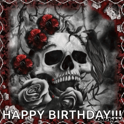 A Black And White Picture Of A Skull With Roses And A Bird . GIF