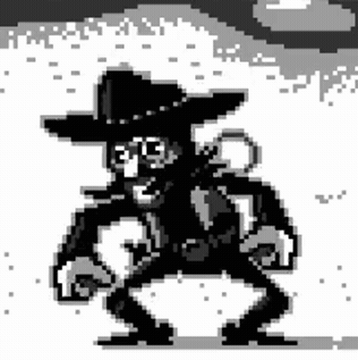 A Black And White Pixel Art Drawing Of A Cowboy With A Gun . GIF