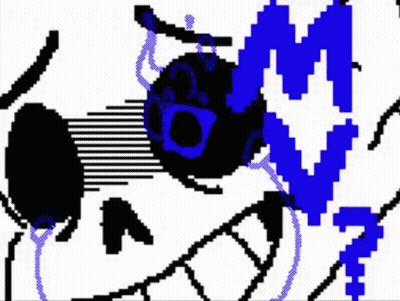 A Black And White Pixel Art Of A Cartoon Character With A Blue M In The Background GIF