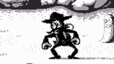 A Black And White Pixel Art Of A Man In A Hat GIF
