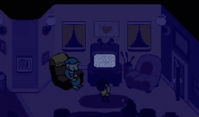 A Black And White Pixel Art Of A Room With A Person Sitting On A Couch Talking On A Phone . GIF