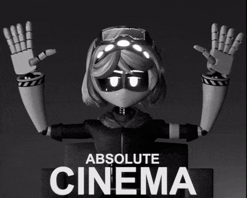 A Black And White Poster For Absolute Cinema Shows A Robot GIF