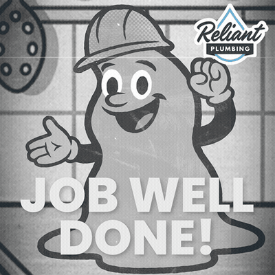 A Black And White Poster For Reliant Plumbing With A Cartoon Character GIF
