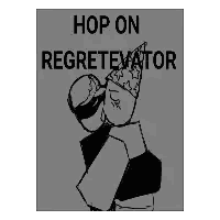 A Black And White Sign That Says `` Hop On Regreterator '' With A Cartoon Character Holding A Cup Of Coffee . Sticker