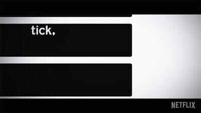A Black And White Sign That Says Tick Tick Boom On It GIF