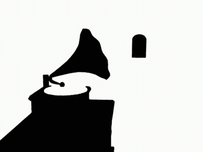 A Black And White Silhouette Of A Building With A Phonograph On Top Of It . GIF