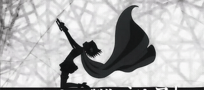 A Black And White Silhouette Of A Person With A Cape Holding A Gun GIF