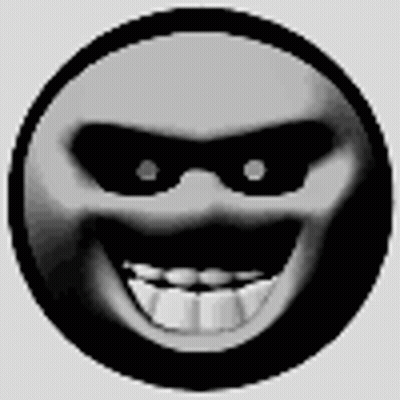A Black And White Smiley Face With A Big Smile And A Mask On It . GIF