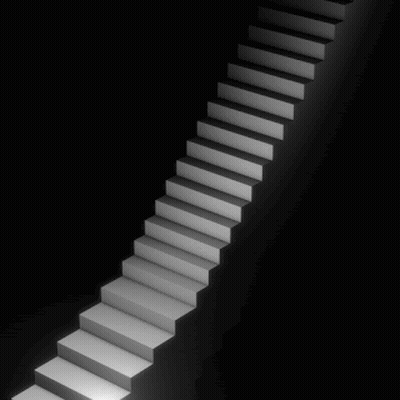 A Black And White Staircase With A Light At The End GIF
