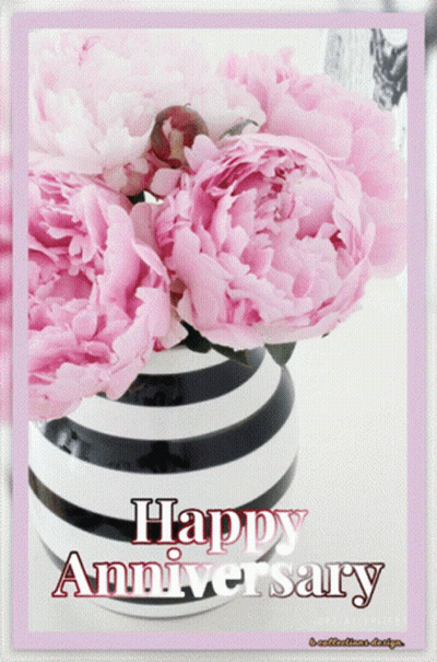 A Black And White Striped Vase With Pink Flowers And The Words Happy Anniversary GIF
