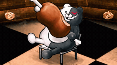A Black And White Teddy Bear Is Sitting On A Chair Holding A Piece Of Meat GIF