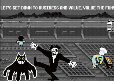 A Black And White Video Game With The Words Let 'S Get Down To Business And Value Value The Fun On The Bottom GIF