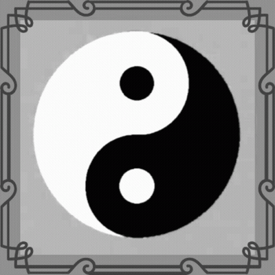 A Black And White Yin Yang Symbol With A Gray Frame Around It GIF
