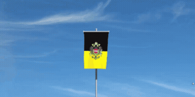 A Black And Yellow Flag With A Coat Of Arms Is Flying In The Wind GIF