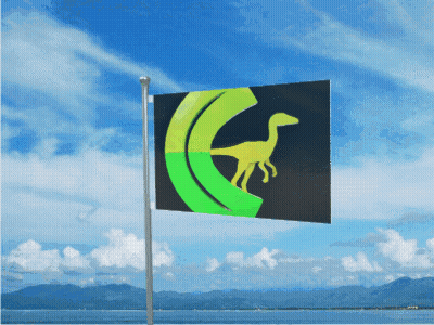 A Black And Yellow Flag With A Dinosaur On It GIF