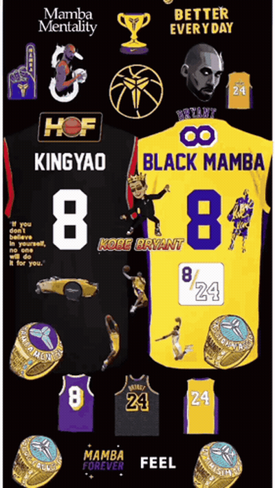 A Black And Yellow Mamba Jersey With The Number 8 On The Front GIF