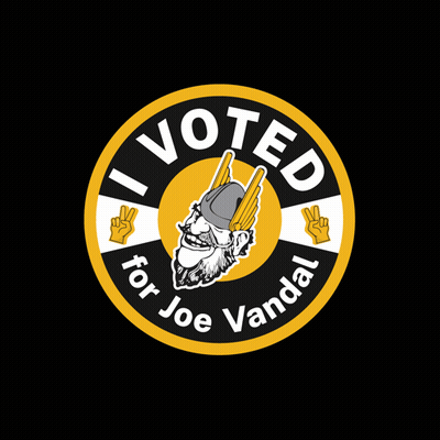 A Black And Yellow Sticker That Says I Voted For Joe Vandal GIF