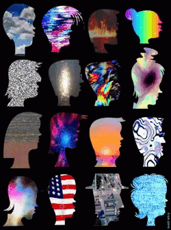 A Black Background With A Bunch Of Silhouettes Of People 'S Faces GIF