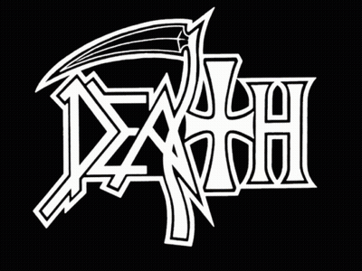 A Black Background With A Death Logo In Blue And Pink GIF