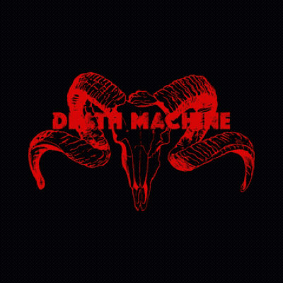 A Black Background With A Ram Skull And The Word Death Machine In Red GIF