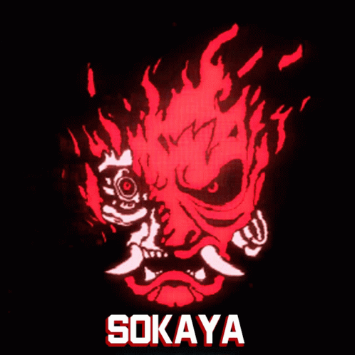 A Black Background With A Red Samurai Mask And The Word Sokaya GIF