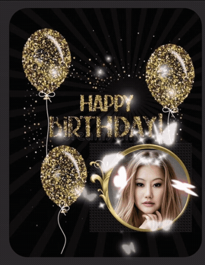 A Black Background With Gold Balloons And The Words Happy Birthday On It GIF