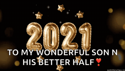 A Black Background With Gold Balloons That Read 2021 GIF
