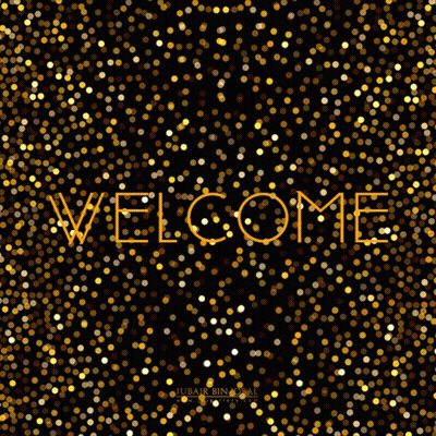 A Black Background With Gold Dots And The Word Welcome GIF