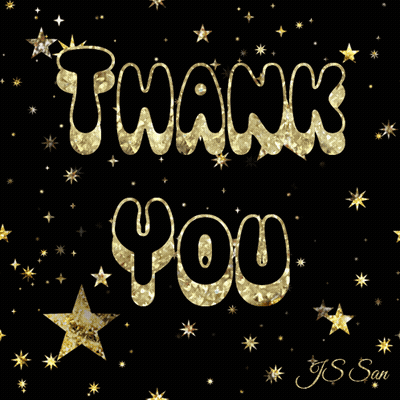 A Black Background With Gold Stars And The Word Thank You GIF