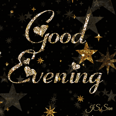A Black Background With Gold Stars And The Words Good Evening Written On It GIF