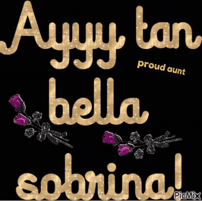 A Black Background With Gold Text That Says Proud Aunt Ayyy Tan Bella Sabrina GIF
