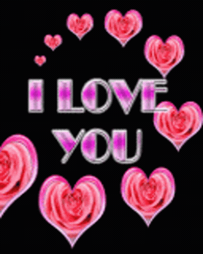 A Black Background With Pink Hearts And The Word I Love You GIF