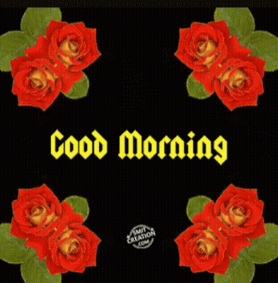 A Black Background With Red Roses And Green Leaves And The Words Good Morning GIF