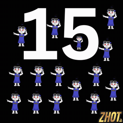 A Black Background With The Number 15 And A Bunch Of Robots With Hearts On Their Faces GIF