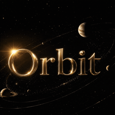 A Black Background With The Word Orbit In Gold GIF