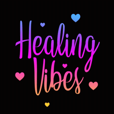 A Black Background With The Words Healing Vibes Surrounded By Pink And Blue Hearts GIF
