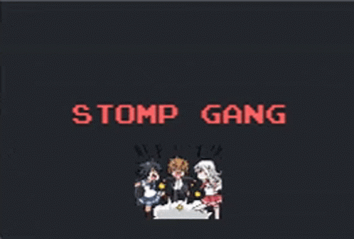 A Black Background With The Words Stomp Gang Written On It GIF