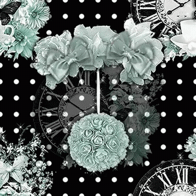 A Black Background With White Polka Dots And A Clock With Roman Numerals GIF