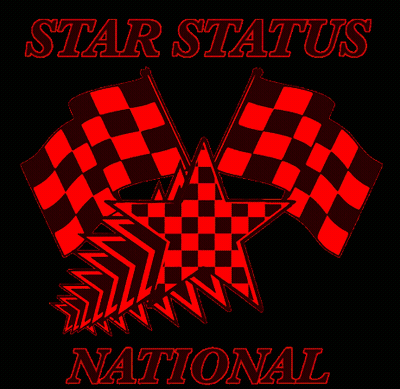A Black Background With Yellow Checkered Flags And A Star That Says " Star Status National " GIF