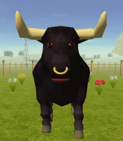 A Black Bull With Yellow Horns Is Standing In A Field GIF