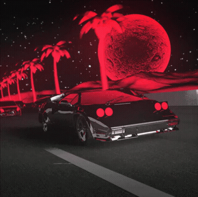 A Black Car Driving Down A Road With Palm Trees In The Background GIF