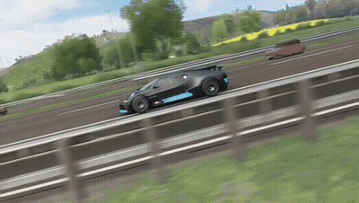 A Black Car With A Blue Stripe On The Side Is Driving Down A Road GIF